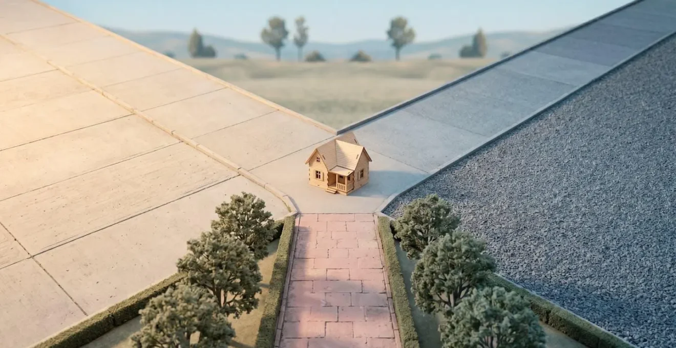Vue aérienne d'un carrefour en Y avec une maquette de maison au centre : un chemin lumineux pavé à gauche, un chemin sombre en gravier à droite, symbolisant deux issues possibles d'une décision financière.