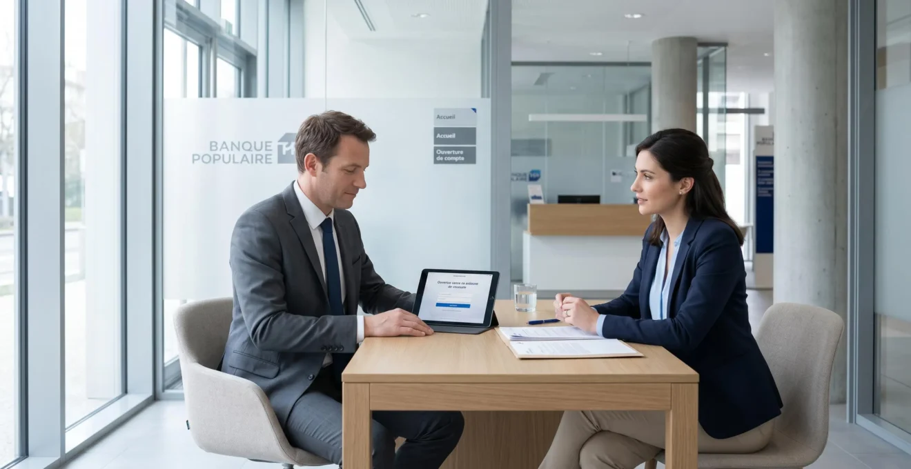 Conseiller bancaire et cliente dans une agence Banque Populaire moderne discutant de l'ouverture d'un livret d'épargne avec tablette et documents sur bureau épuré