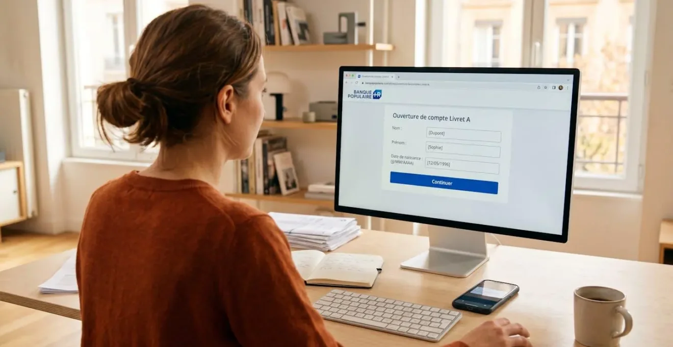 Femme consultant l'interface d'ouverture de Livret A en ligne sur ordinateur avec formulaire en français visible et smartphone à proximité sur bureau lumineux