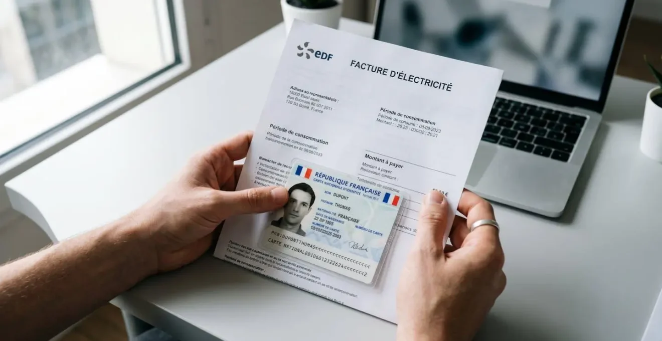 Mains tenant une carte d'identité française et un justificatif de domicile EDF sur un bureau blanc avec ordinateur portable en arrière-plan